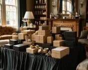 objetos de decoração, móveis, maquiagens e perfumes em uma sala iluminada
